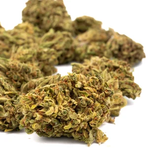 Bubba Kush Delta 8 hemp flower dense frosty buds with vibrant green color and orange pistils