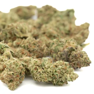 GMO THCa hemp flower greenhouse grown buds with frosty trichomes and dense structure