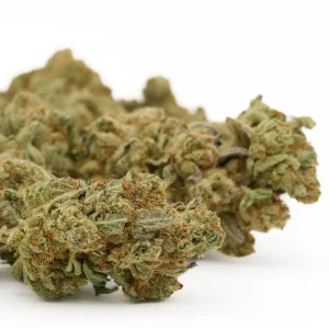 Grizzly Gas indoor THCa flower dense frosty buds with deep green tones and orange pistils