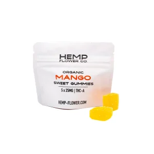 Mango sweet THCa gummies infused with hemp extract featuring bright mango flavor and soft chewy texture