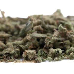 Mega Gummie Bearz THCa full term hemp trim with frosty trichomes and bright green plant material