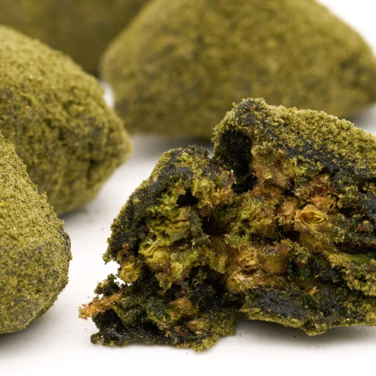 Pineberry CBD moon rocks hemp flower coated in CBD extract and kief with frosty textured surface