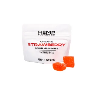Strawberry THCa sour gummies infused with hemp extract featuring sugar-coated sour finish